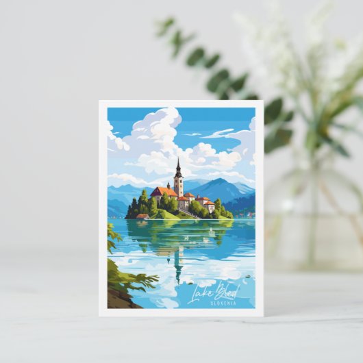 Bled Slovenien Vintage Illustration Postkarte (Stehend Vorderseite)