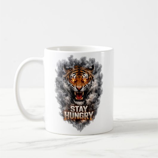 Bleib hungrig Tiger Motivationsdesign Kaffeetasse (Links)