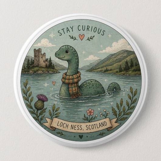 Bleib neugierig gemütliches Kryptid Nessie Loch Ne Button (Vorderseite)