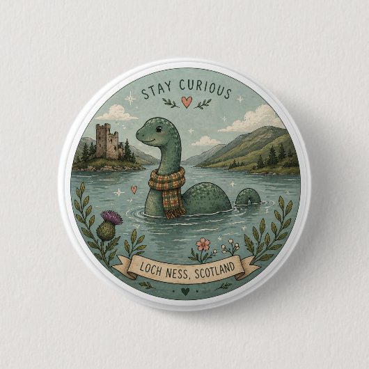 Bleib neugierig gemütliches Kryptid Nessie Loch Ne Button (Vorderseite)