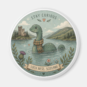 Bleib neugierig gemütliches Kryptid Nessie Loch Ne Magnet