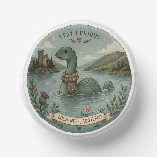 Bleib neugierig gemütliches Kryptid Nessie Loch Ne Pappteller (Vorderseite)