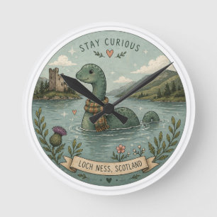 Bleib neugierig gemütliches Kryptid Nessie Loch Ne Runde Wanduhr