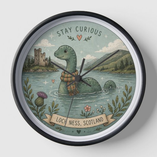 Bleib neugierig gemütliches Kryptid Nessie Loch Ne Uhr (Vorderseite)