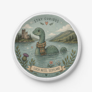Bleib neugierig gemütliches Kryptiden Nessie Loch Pappteller