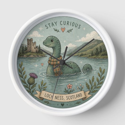 Bleib neugierig gemütliches Kryptiden Nessie Loch  Uhr (Vorderseite)