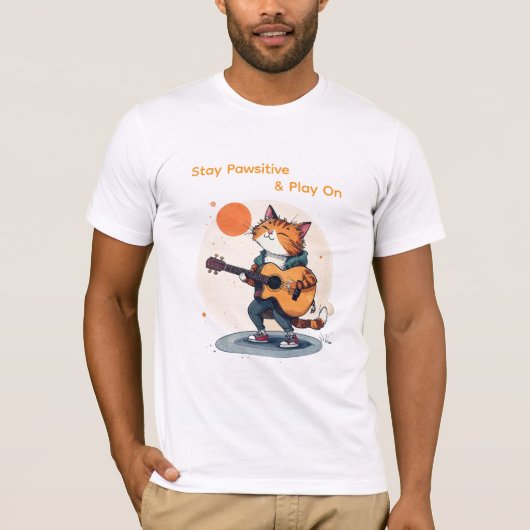 Bleib Pawsitiv Gitarren-Katz T-Shirt (Vorderseite)