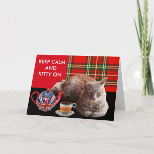"BLEIB RUHIG UND KATZE OBEN" ,ROTER TARTAN,KATZEN- KARTE
