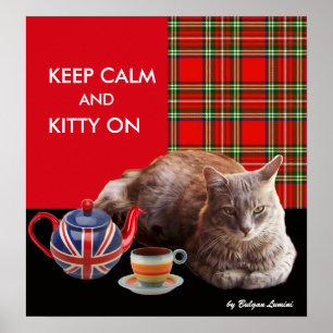 "BLEIB RUHIG UND KATZE OBENAUF" ,ROTES TARTAN, KAT POSTER