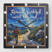 Bleib treu bis zum Ende. Offenbarung 2:10 Quadratische Wanduhr (Vorderseite)
