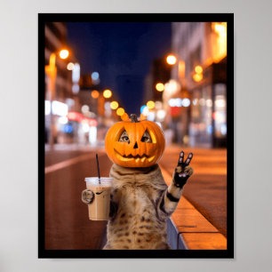 Bleib wild Halloween-Katze trinkt Eiskaffee Poster