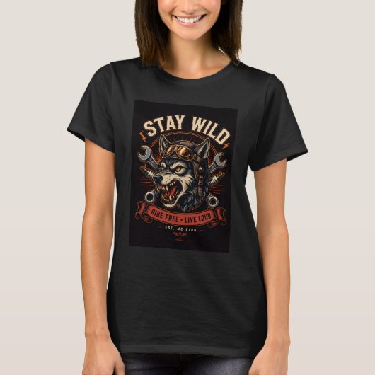 Bleib Wild Wolf Mechaniker T-Shirt (Vorderseite)