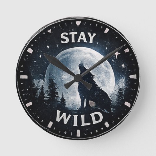 Bleib Wild Wolf Mond Wanduhr (Vorderseite)