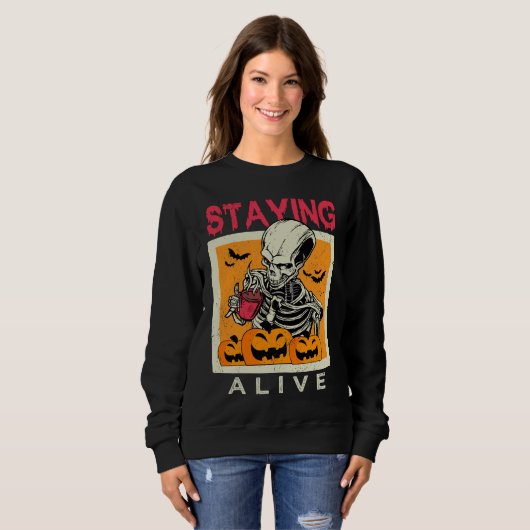 Bleibe Alive Skeleton Coffee Halloween Design Sweatshirt (Vorne ganz)
