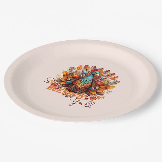 Bleibe gesegnet Y'all mit farbenfroher Türkei Pappteller (Schrägansicht)