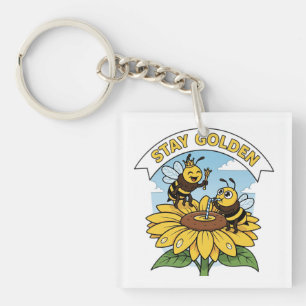Bleibe Golden - Biene und Blume Illustration Schlüsselanhänger