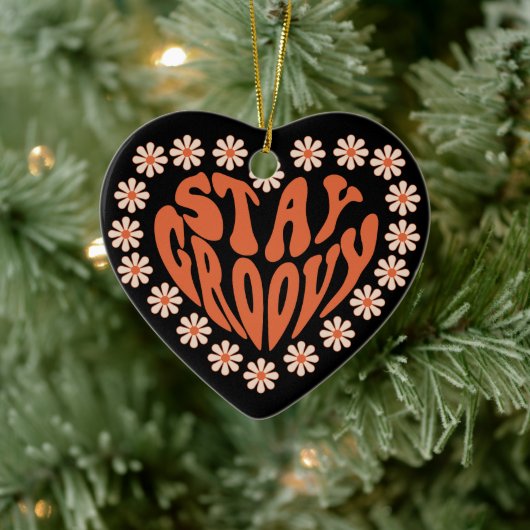 Bleibe Groovy Herz mit Blume Keramik Ornament (Baum)