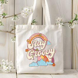 Bleibe Groovy Retro Rainbow Blume Typografie Tragetasche