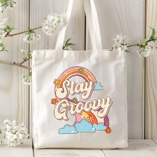 Bleibe Groovy Retro Rainbow Blume Typografie Tragetasche