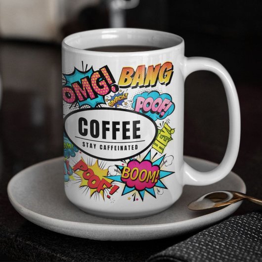 Bleibe koffeinierte Comic Book Sounds Themed Kaffeetasse
