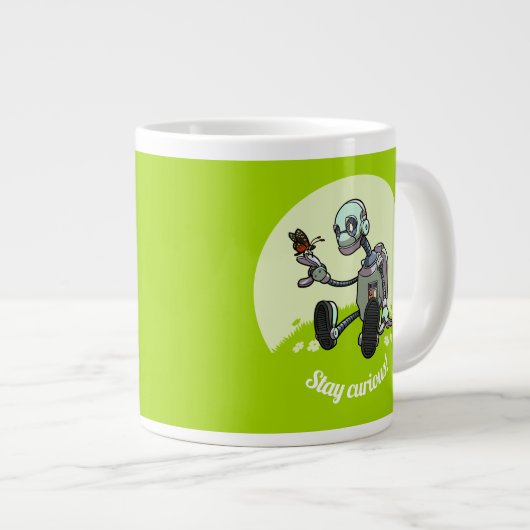 Bleibe Neugierig! Roboter und Schmetterling-Cartoo Jumbo-Tasse (Vorderseite Rechts)