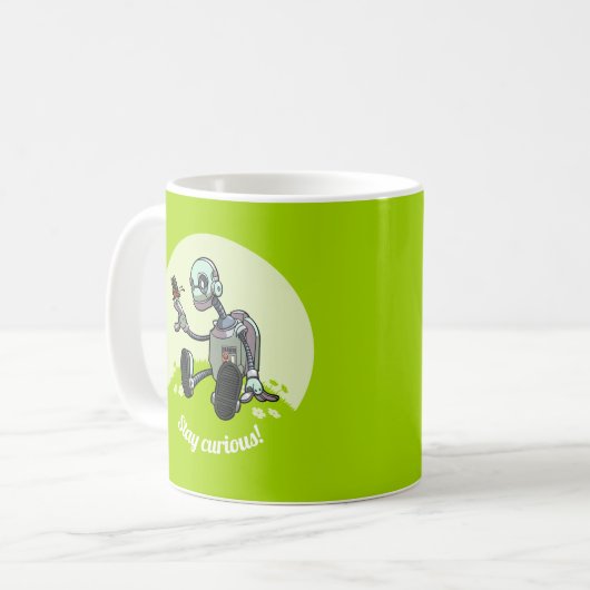 Bleibe Neugierig! Roboter und Schmetterling-Cartoo Kaffeetasse (Vorderseite Links)