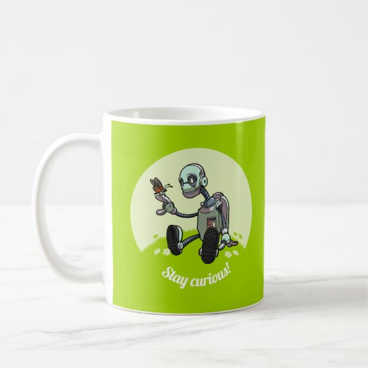 Bleibe Neugierig! Roboter und Schmetterling-Cartoo Kaffeetasse (Links)