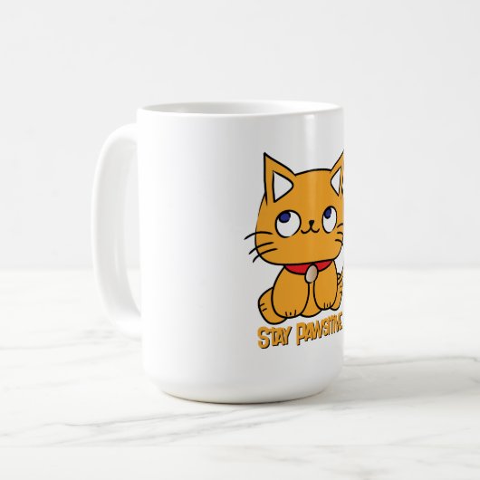 Bleibe Pawsitive Funny Cat Cartoon Notebook Kaffeetasse (Vorderseite Links)