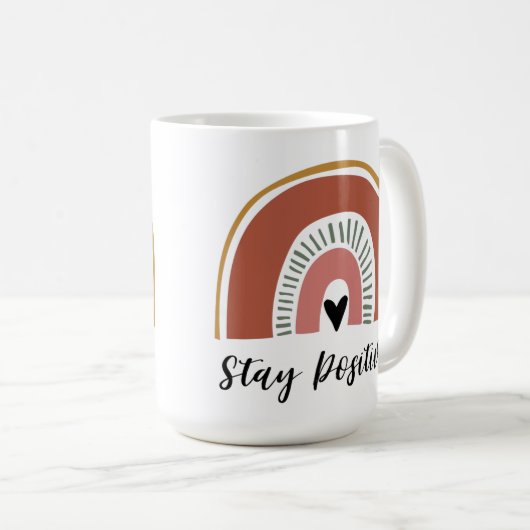 Bleibe Positiv! Niedlicher Boho-Regenbogen Kaffeetasse (VorderseiteRechts)