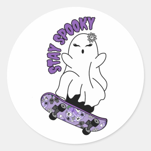 "Bleibe Spooky"-Geist auf einem Skateboard - Cool Runder Aufkleber (Vorderseite)