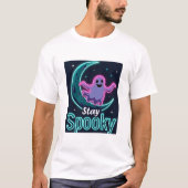 Bleibe Spooky" Minimalistisch Moon & Ghost Design T-Shirt (Vorderseite)