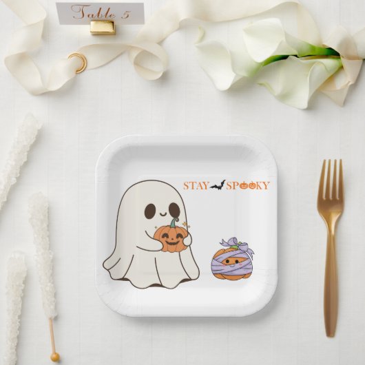 Bleibe Spooky Niedlich Ghost & Pumpkin Halloween-P Pappteller (Hochzeit)