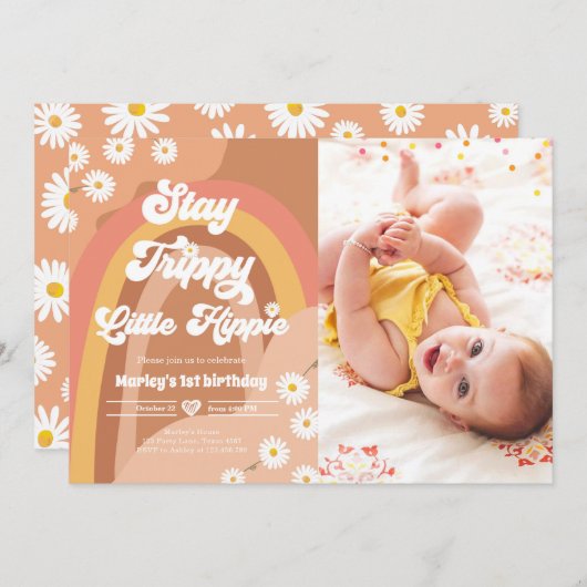 Bleibe Trippy Little Hippie Retro Daisy Birthday I Einladung (Vorne/Hinten)