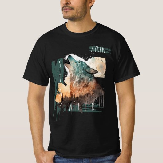 "Bleibe Wild" Howling Wolf individuell anpassbar T-Shirt (Vorderseite)