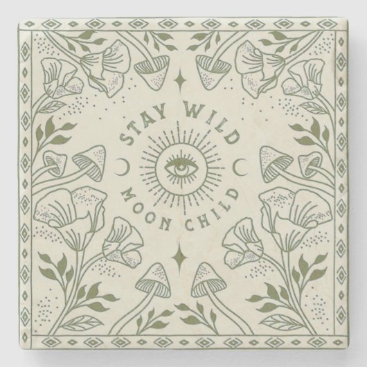 Bleibe Wild Moon Child Bohemisch Sage Green Kissen Steinuntersetzer (Vorderseite)