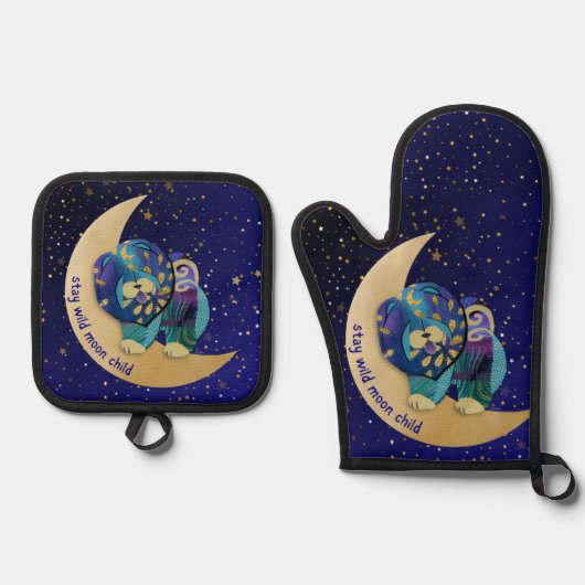 BLEIBE WILD MOON KIND Kaschierofen mit Pulverhalte Ofenhandschuh & Topflappen-Set (Vorderseite)