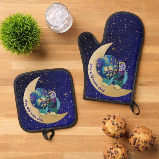 BLEIBE WILD MOON KIND Kaschierofen mit Pulverhalte Ofenhandschuh & Topflappen-Set (Oben Unten)