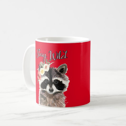 Bleibe Wild - Niedliche Raccoon Tragen Blume Krone Kaffeetasse (Vorderseite Links)