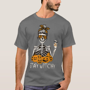 Bleibe Witchy Skeleton Drinking Messy Bun Leopard T-Shirt