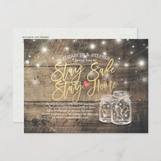 BLEIBE ZUHAUSE BLEIBE SAFE WEDING POSTPONEMENT MAS ANKÜNDIGUNGSPOSTKARTE (Vorne/Hinten)