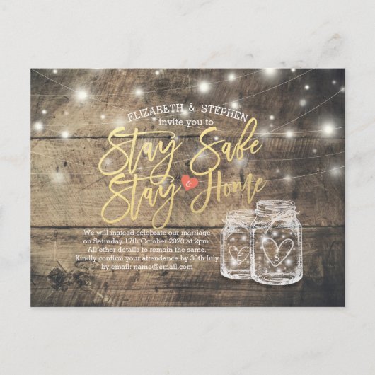 BLEIBE ZUHAUSE BLEIBE SAFE WEDING POSTPONEMENT MAS ANKÜNDIGUNGSPOSTKARTE (Vorderseite)