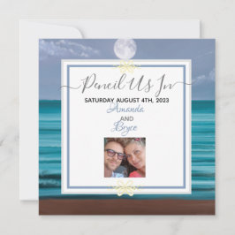 Bleiben Sie bei uns am aquamarinen Strand Save the Feiertagskarte