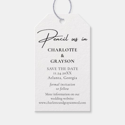 Bleiben wir Save the Date bei Schwarz-weißer Hochz Geschenkanhänger (Vorderseite)