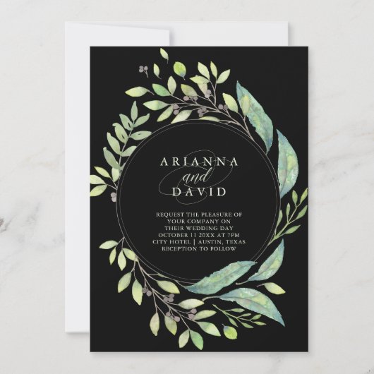 Bleichgrüne Wasserfarbenrahmen Hochzeit | Schwarz Einladung (Vorderseite)