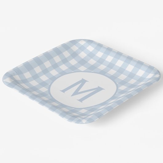 Bleichpulver Blaues Gingham-Muster Monogramm Pappteller (Gewinkelt)