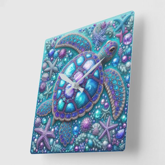 Bleichschildkröte Blau Lila Aquamarin Quadratische Wanduhr (Winkel)