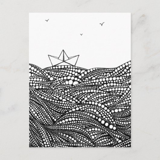 Bleistift Gezeichnet Papierboot auf abstrakten Wel Postkarte (Vorderseite)