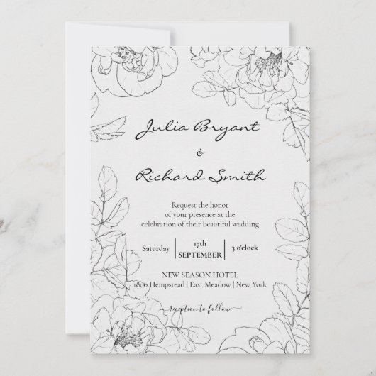 Bleistift-Sketch | Peony Minimalistisch Wedding Einladung (Vorderseite)