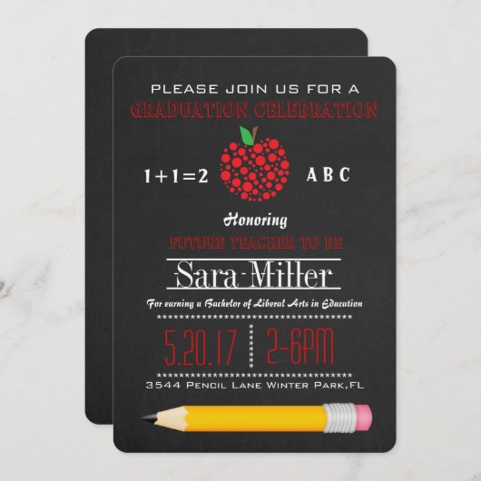 Bleistift-u. Apple-Lehrer-Abschluss-Einladung Einladung (Vorne/Hinten)