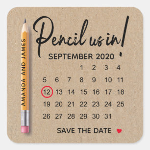Bleistift uns im Kalender Karton Save The Date Quadratischer Aufkleber